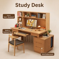 Bureau de travail moderne et durable en bois d'hévéa avec bibliothèque intégrée, couleur personnalisable, pour bureau à domicile, table d'écriture coulissante