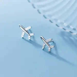 925 Sterling Silver Cubic Zirconia Airplane Shape Ear Studs Earrings Fine Jewelry for Women