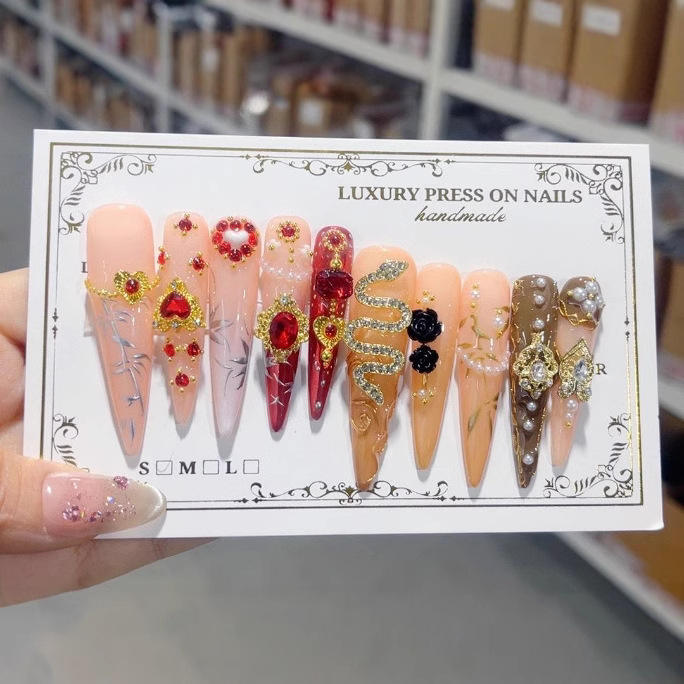 10 Piece Long Coffin Handcrafted False Nails Extensions Snake-Style 3D Design Silver Press on Type Artificial Fingernails