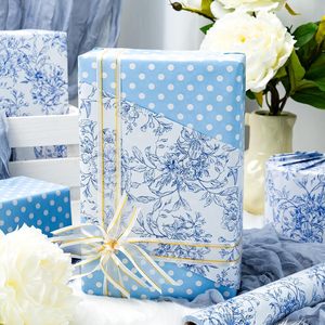 Blue And White Porcelain Flower Gift <b>Wrap</b> Paper 17in x 32.8ft Reversible Blue Dot Design Art Paper for Birthday Wedding - Product Image 4