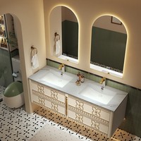 Meuble-lavabo mural moderne de luxe en bois massif avec miroir LED tactile éclairé, lavabo personnalisable, vente directe d'usine