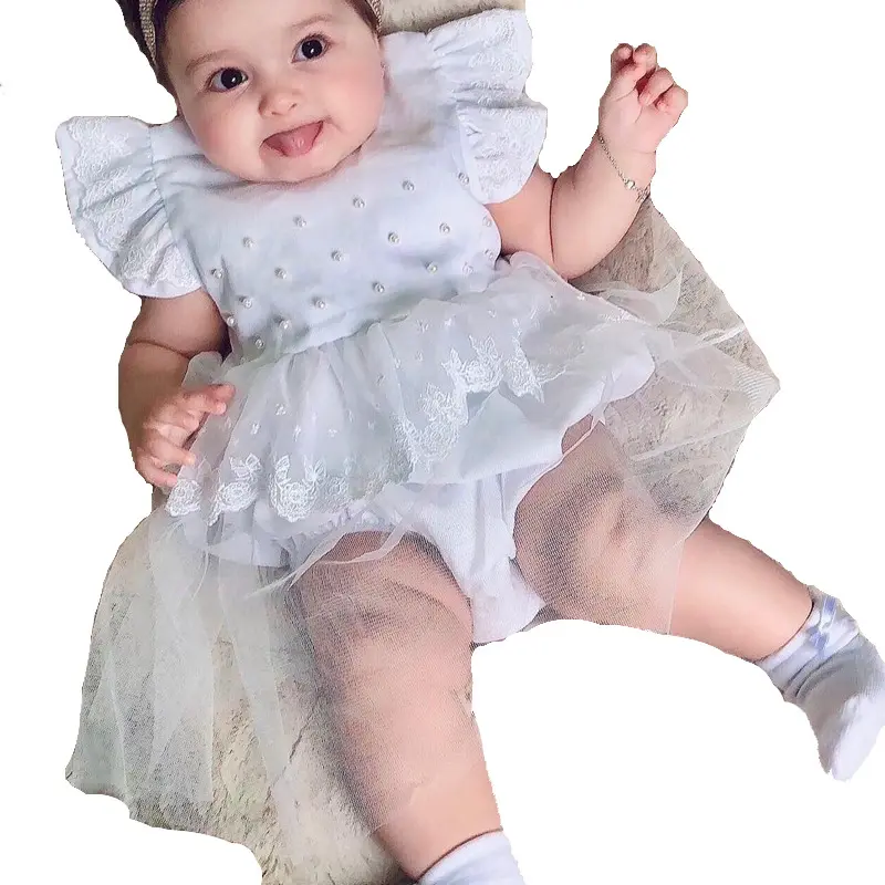 Çocuk butik toptan bebek yürümeye başlayan flaresleeve onesie beyaz inci dantel tutu etek leotard bebek kız romper