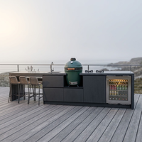 Meuble de cuisine extérieur moderne personnalisable, écologique, ignifuge, en acier inoxydable, avec porte vitrée, charnière et robinet, pour terrasse côtière