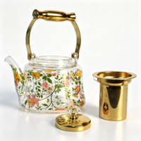Théière en verre borosilicate à imprimé floral avec poignée dorée et infuseur en acier inoxydable 304 MH-11