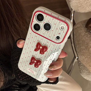 Suitable for iPhone 17 Pro Max case, premium burgundy polka dot 3D bow soft full-coverage shockproof phone case - Product Image 5