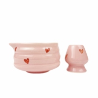 Ensemble de matcha en céramique Kawaii imprimé à la main, motif cœur, 5 pièces, 500 ml, pour cérémonie du thé à domicile, en stock, logo personnalisé