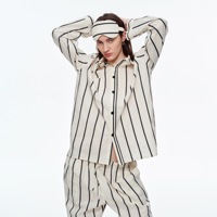 Ensemble pyjama en coton pur pour femme, chemise à manches longues et pantalon, avec masque pour les yeux, imprimé rayé, coupe ample, vente en gros pour boutiques