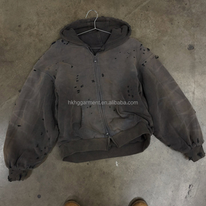 เสื้อฮู้ดซิปผ้าคอตตอนวาฟเฟิลแบบสั่งทำพิเศษ หนานุ่ม ทรงโอเวอร์ไซส์ สไตล์ดิสเทรส ล้างสีแบบแอซิดวอช สำหรับผู้ชาย - Product Image 2