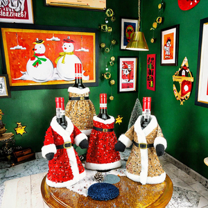 Red Sequin Eco Friendly Polyester <b>Christmas</b> <b>Dress</b> Skirt Wine Bottle Cover Xmas Glitter Santa Sweater for Table Factory - Product Image 3