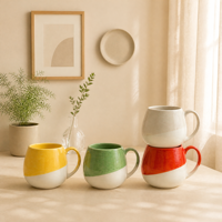 Ensemble de tasses en céramique brillantes à blocs de couleur inclinés, forme d'œuf, ventre rond, base crème, bicolore, pour comptoir de cuisine, café, distributeur LEXI