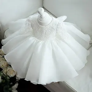 Requintado Em Torno Do Pescoço Manga Comprida Fluffy Prom Vestido De Casamento Flor Meninas 'Vestidos Organza