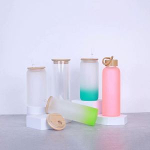 Bouteille d'eau personnalisée en verre dépoli transparent de 12oz, 16oz, 20oz, 25oz, avec couvercle en bambou et paille, pour sublimation - Product Image 1