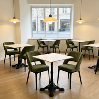 Meubles de restaurant commerciaux modernes, chaise de salle à manger en bois massif, table en marbre, banquette rembourrée verte pour café bistro