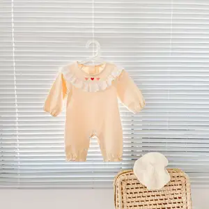 Spring and Autumn Love printed lace long climbing infant and young children's boys and girls' long sleeved one-piece Khaki climb