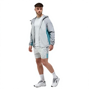 Mens <b>waterproof</b> full zip tracksuit with hood breathable windbreaker <b>jacket</b> and jogger pants set for gym running or travel - Product Image 1