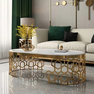 Luxo Moderno Branco Oval Centro Mesa De Café TV Stand Móveis Set Gold Stainless <span class=keywords><strong>Steel</strong></span> <span class=keywords><strong>Frame</strong></span> com Mármore Top para Sala de estar - Product Image 1