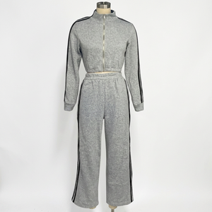 Casual Women Tracksuit Set Two Piece Outfits <b>Zip</b> Up Long Sleeve Coat Stripe Print Straight Wide Leg <b>Trousers</b> Sweatsuit - Product Image 1