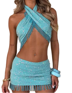 Completo Estivo Sexy da <span class=keywords><strong>Donna</strong></span>: Top Corto con Perle e Paillettes e Gonna Sopra il Ginocchio, Traspirante e Intrecciato, Ideale per Feste - Product Image 1