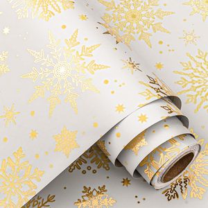 <b>White</b> Gold Snowflake Christmas <b>Wrapping</b> <b>Paper</b> 17 In X 32.8 Ft Single Side Recyclable Gift Craft Use - Product Image 1