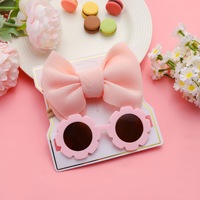 Wholesale Cheap Korea Solid Color Cute Kids Baby Girls Flower Sunglass and Big Bow Newborn Toddler Pink Headband Set
