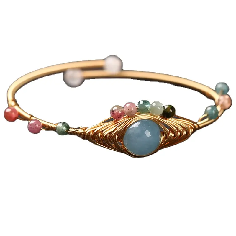 Natur kristall Stein Nugget Perlen Draht gewickelt 14 Karat Gold gefüllt Kupfer Charm Open Cuff Armbänder Armreifen für Frauen