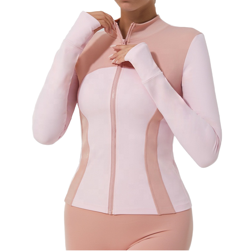 Women Color Blocking Gym Yoga Sport Jacket Long Sleeve Stand Collar Zipper Front Logo Quick Dry with Thumbhole