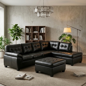 Modern L-Shaped Extendable Convertible Air Leather Sectional <b>Sofa</b> Set with Tufted Design and Storage Ottoman - Product Image 3
