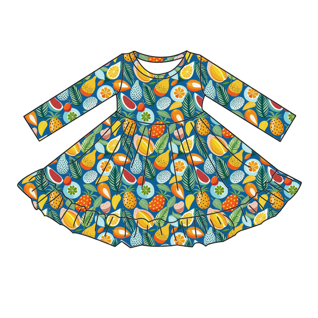 Good Quality Autumn/Winter Girls' Daily Wear Fruit Printed Long Sleeve Round Neck Princess Milk Silk Twirl Ruffle Dress