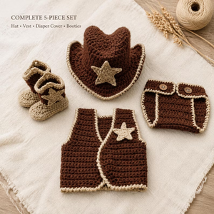 Ensemble de vêtements pour photographie de nouveau-né, tenue de cowboy au crochet pour bébé, costume de style photo unisexe, 4 pièces, motif étoile marron - Product Image 2
