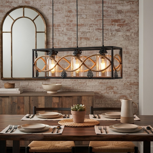 Suspension rectangulaire rustique à 3 lumières en corde tressée pour cuisine, modèle très populaire - Product Image 3