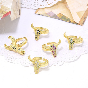 Anillo de compromiso para mujer, sortija de oro de 18 quilates, arcoíris, esmalte delicado, Circonia cúbica, Cráneo, buey, cuerno, joya, RM1559 - Product Image 2