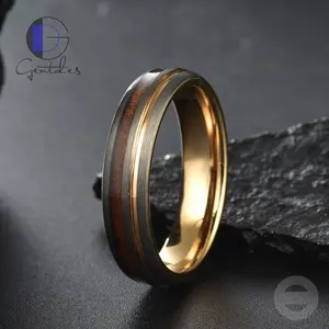Gentdes Jewelry Fashion Brushed Gun Metal Surface Tungsten Ring Inlay Koa Wood With Gold Groove And Gold Interior Couple Ring