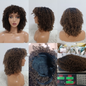 Letsfly Promotion 67$ Perruques Pixie bouclées avec frange 14 pouces Densité 250% Sans dentelle 210 grammes 100% Cheveux vierges brésiliens Brun clair Vente en gros - Product Image 5
