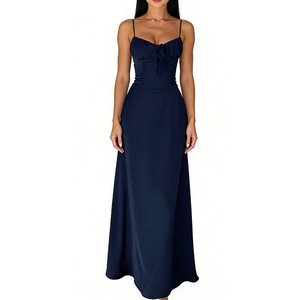 Vestido maxi de tirantes finos con fruncido en el busto y lazo frontal para mujer, vestidos de noche, moda femenina - Product Image 3