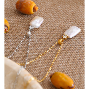 JINYOU 1050 Elegante Collar con Colgante de Perla Natural Barroca Cuadrada y Circonita, con Cadena de Acero Inoxidable Chapada en Oro - Product Image 2