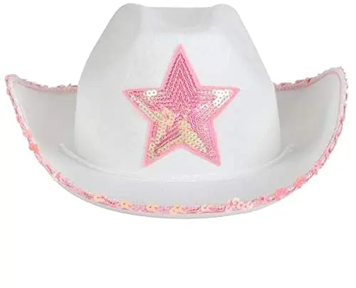 Adult Novelty White Felt Cowgirl Hat with Pink sequin Star Cowboy Hat for Costume Party