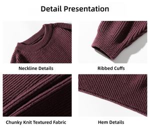 Chunky Knit Breathable Unisex <b>Crewneck</b> <b>Sweater</b> Anti-Wrinkle Anti-Pilling Textured Solid Color Pullover Front Logo 100% Polyester - Product Image 6