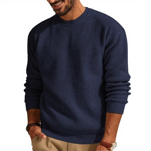 Pull décontracté pour homme en maille gaufrée, col rond, confortable, nouvelle couleur unie, 100 % coton, anti-boulochage, 300 g, coupe classique - Product Image 2