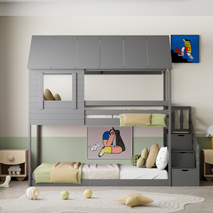 2025 Lit superposé en bois massif pour enfants 90x200cm avec protection contre les chutes et lit mezzanine en échelle avec sommier à lattes - Product Image 2