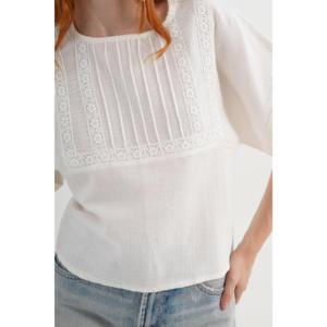Chemise en satin brodée vintage pour femmes en gros avec détail en dentelle Taille unique XL Coton Soie - Couleur écru - Product Image 2