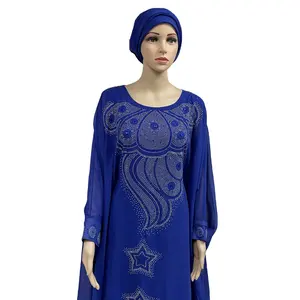 MC-1625 Wholesale elegant Double layer chiffon islamic clothing dress stone abaya long sleeve with hijab Muslim women dress