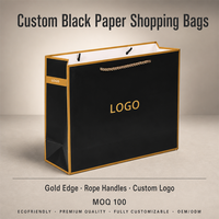 Sacs shopping en papier noir et or OEM, logo personnalisé, poignées en corde, pour vêtements, cadeaux, emballage de détail, vente en gros, marque privée