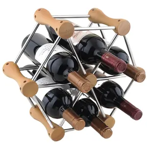 Eco Friend Luxury Metal Wine Bottle Holder 6 Bottles Bamboo Wire Wine Rack