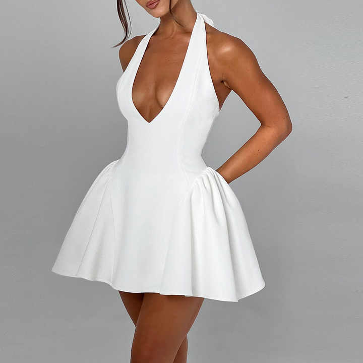 Sexy Ruched Solid Halter Deep V Backless Bodycon Mini Dress