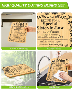 Ensemble de planches à découper en bambou pour la cuisine, 4 pièces, blocs de découpe rectangulaires avec design gravé, écologiques pour le chef à domicile - Product Image 4