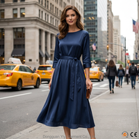 Robe midi drapée en lyocell et rayonne tissée 520 GSM personnalisée pour femme, avec ceinture, col montant, élégante pour le bureau, poches discrètes, grandes tailles S à 5XL