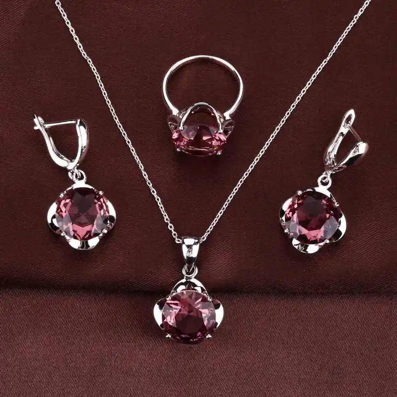 Big Stone Flower Jewelry Set Brilhante Rubi Cubic Zirconia Anel Brinco Colares Conjuntos Para Mulheres Para Crianças