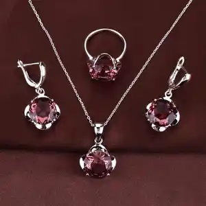 Conjunto de joyería de flores de piedra grande, anillo de Zirconia cúbica de rubí brillante, pendientes, collares, conjuntos para mujeres y niños