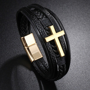 Hot Sale Cross Leather Bracelet Multi-Layer Handmade <b>Braided</b> Rope Magnet Buckle Genuine Leather Bracelet for Men - Product Image 6