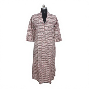 Robe longue bohème à imprimé floral indien, col en V, manches longues, poches, 100 % coton pur, confortable et moderne, idéale pour l'été - Product Image 1